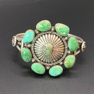 Navajo Indian Harry Yazzie Turquoise Cluster Cuff Bracelet Sterling Silver Vtg